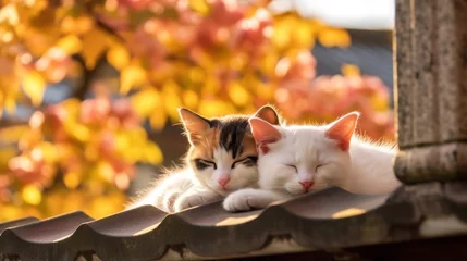 Foto op Canvas Cute cats are relaxing on the roof of a Japanese house. Cute cats in Japan. Asian aesthetic style. For greeting cards design, calendars. Copy space. Generative AI © Garnar