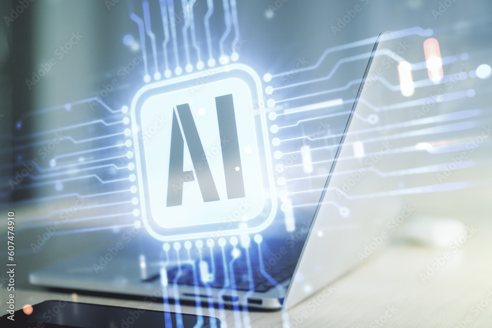 Aufkleber double exposure of creative artificial intelligence icon with modern laptop on background. neural ne