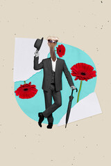 Invitation retro pop 3d picture collage sketch of unusual headless male person ostrich head...