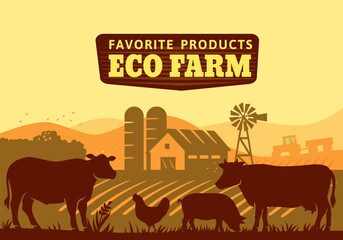 Cow silhouette in farm landscape. Farmland eco life