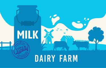 Naklejka premium Rural landscape with cows and milk.