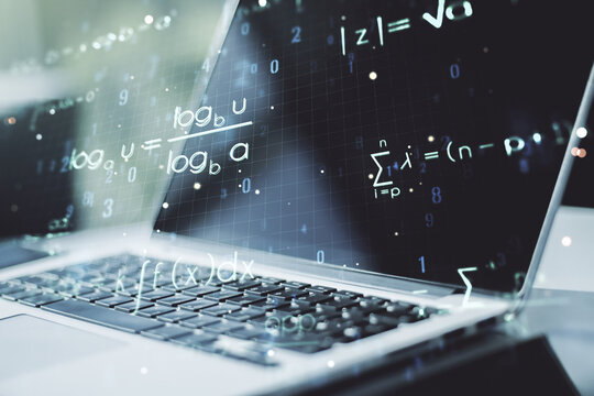 Creative scientific formula concept on modern laptop background. Multiexposure