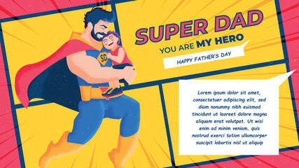 superhero dad with son in arms father's day vector banner template