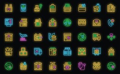 Humanitarian aid icons set outline vector. Donate box. Care food neon color on black