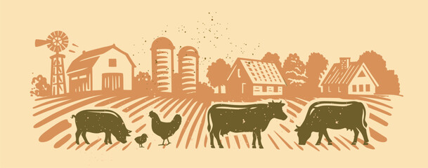 Farm animals silhouette with landscape. Farmland eco life