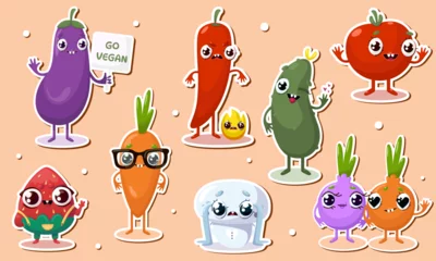 Fotobehang Vector illustration of veggie character stickers © Anna