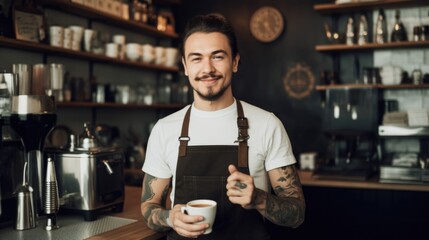 Male barista wearing an apron at coffee shop holding cup in the counter. Generative AI AIG21.