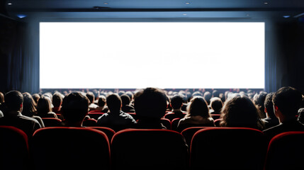 People in the cinema hall with empty white screen. AI generated image - obrazy, fototapety, plakaty