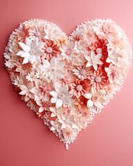 Illustration of Heart Shaped Pink and Red Paper Flowers on Solid Background. generative ai