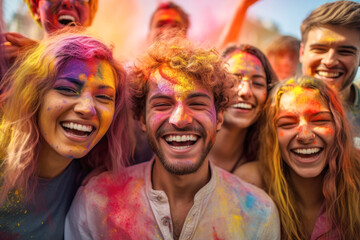 Fototapeta premium Group portrait of young people during color festival. AI generative art