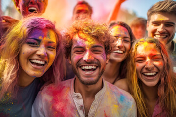 Group portrait of young people during color festival. AI generative art