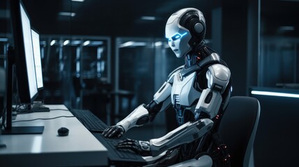 A humanoid robot works in an office on a laptop. Generative AI