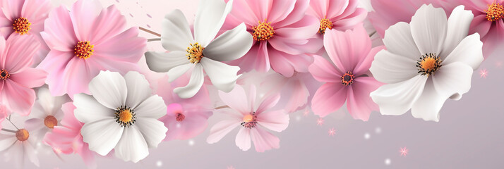Pink and White Paper Design of Cosmos Flowers with Copy Space. generative ai