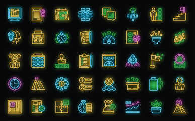 Employee efficiency icons set outline vector. Performance review. Work skill neon color on black
