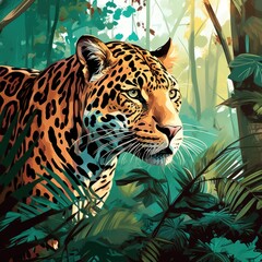 Exquisite Jungle Scene with Illustration of a Leopard in its Element