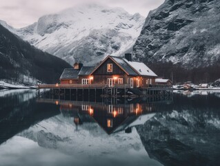 Fototapeta premium Cottage of the Norwegian culture and architecture in Norway near lake, lake house, stunning scenery of lake, misty mountains background.