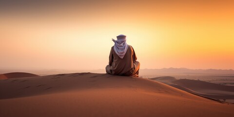 Fototapeta na wymiar Arabic man with traditional emirates clothes sitting on kness in the UAE desert. Sunset time.