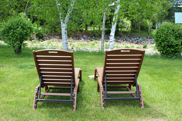 two wood reclining chairs on green grass with birch trees (recliners lawn chairs) travel