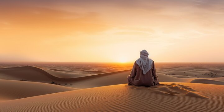 Arabic man with traditional emirates clothes sitting on kness in the UAE desert. Sunset time.
