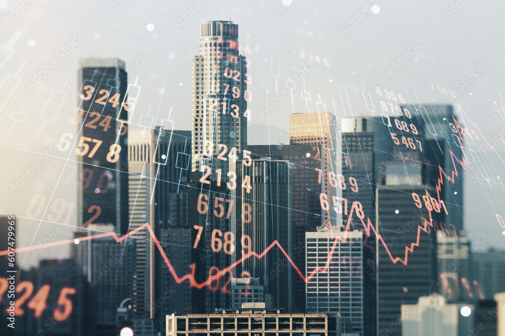 Poster Multi exposure of stats data illustration on Los Angeles city skyline background, computing and analytics concept