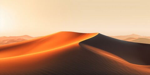 Fototapeta na wymiar Sand dunes. The sun is setting on the mountain and there is a beautiful warm orange light.