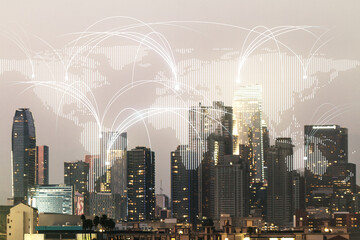 Double exposure of abstract digital world map hologram with connections on Los Angeles city skyscrapers background, research and strategy concept