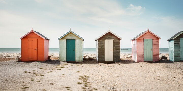 Colourful huts on a pebble beach on a sunny day in England.
