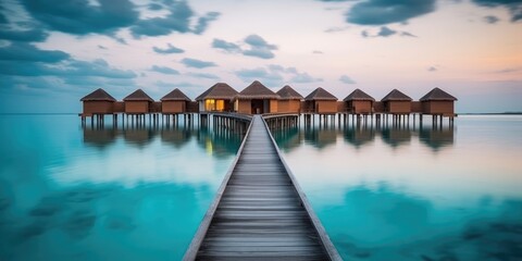 Maldives paradise island. Tropical landscape, coast seascape water bungalows villas with amazing sea lagoon beach. Exotic tourism destination summer vacation.