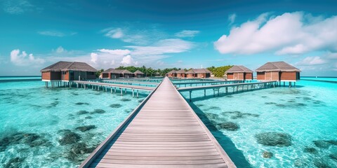 Maldives paradise island. Tropical landscape, coast seascape water bungalows villas with amazing sea lagoon beach. Exotic tourism destination summer vacation. - obrazy, fototapety, plakaty