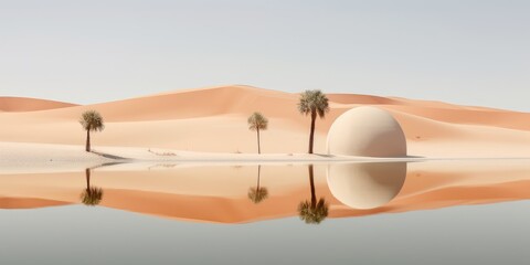 Fototapeta na wymiar Oasis in the desert of sand, palm trees and a pond in the sands