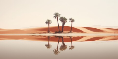 Oasis in the desert of sand, palm trees and a pond in the sands