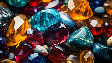 Jewels, mineral gems and crystals close-up background