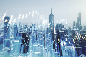 Fototapeta na wymiar Abstract virtual financial graph hologram on Chicago skyline background, forex and investment concept. Multiexposure