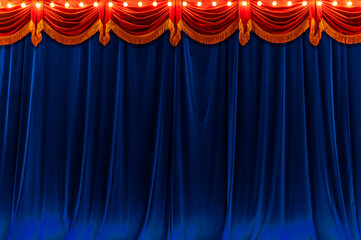 Theater dark blue and red curtain and neon lamp around border.. - 607480730