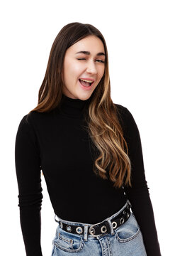 Portrait of sociable cheerful friendly young waman winking into the camera, isolated on white background. Twenty year old girl in black turtleneck and posing in studio. Flirting with you gesture