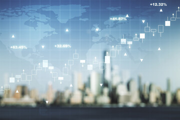 Multi exposure of virtual creative financial graph and world map on blurry skyline background, forex and investment concept