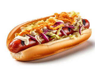Fresh hot dog with sauces mayonnaise, ketchup and mustard and cabbage isolated on a white background