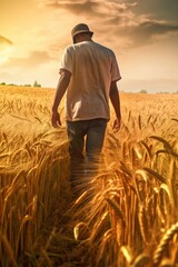 Man walking through a wheat field at sunset in search of hope Generative AI Illustration