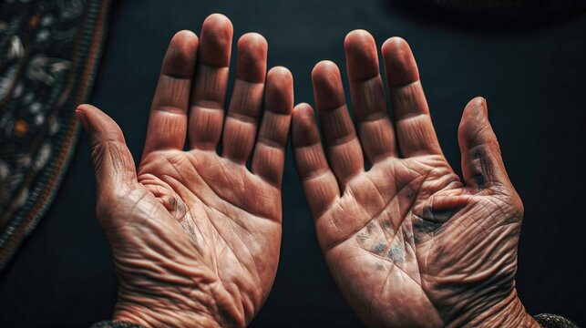 Palms of the hands of an old worker worn out by life in search of hope Generative AI Illustration