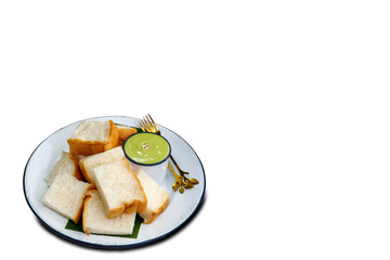 lice steamed bread and pandan custard, Green custard cream with bread.Thai dessert