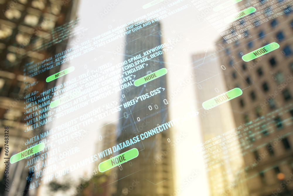 Poster multi exposure of abstract creative coding sketch on office buildings background, artificial intelli