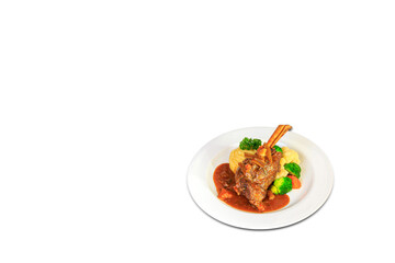 Rack of Lamb Chops to perfection served with roasted potatoes, french beans, cherry tomatoes. Tagliateli Italian cuisine. Free space for your text.