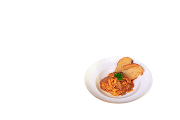 Plate with tasty beef stroganoff and pasta