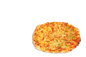 A hot pizza slice with dripping melted cheese. Isolated on white.