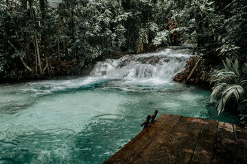 Cascading Beauty of Green Waterfall Amongst Lush Jungle in Jalapao