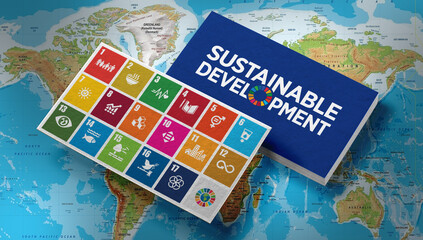 Sustainable Development 17 goals creative concept  background. Corporate social responsibility. Sustainable Development for a better world. 3D rendering.