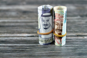 20 SAR Twenty Saudi Arabia money roll riyals banknotes, Saudi riyals cash money bills rolled up...