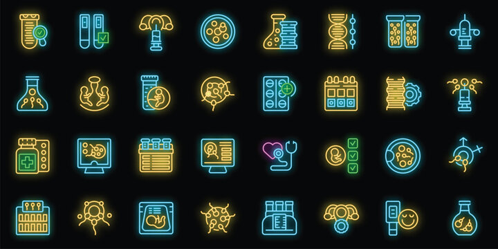 Artificial insemination icons set outline vector. Fertility process. Vitro pregnant neon color on black