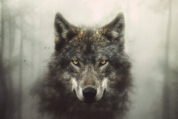 Head of a wolf emerging from the depths of a foggy forest, exuding an aura of mystery and strength. Ai generated