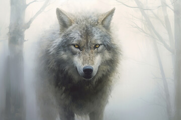 Head of a wolf emerging from the depths of a foggy forest, exuding an aura of mystery and strength. Ai generated